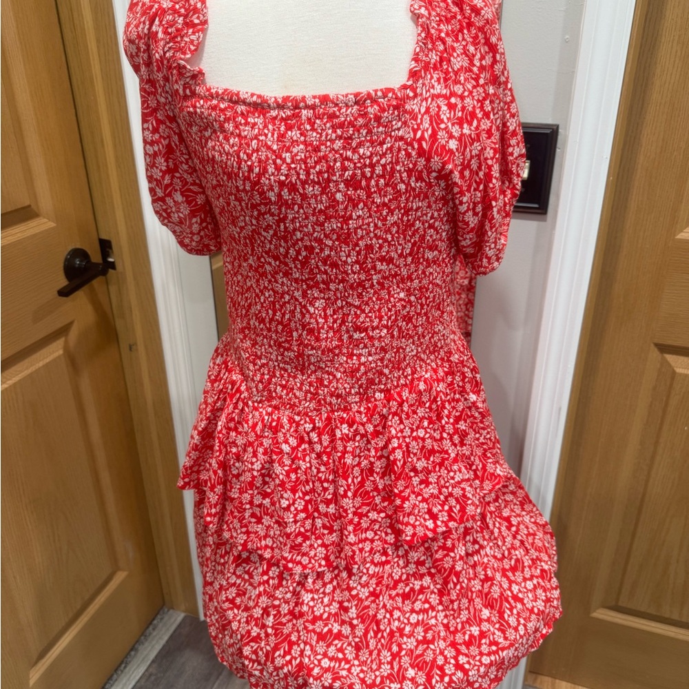 Red Floral Smocked Mini Dress with Puff Sleeves